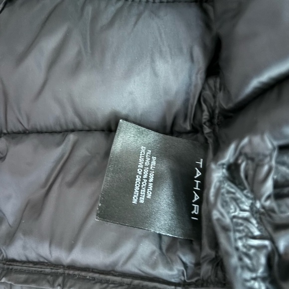 Black puffy quilted jacket, Tahari Large, with ruffles - Picture 8 of 9